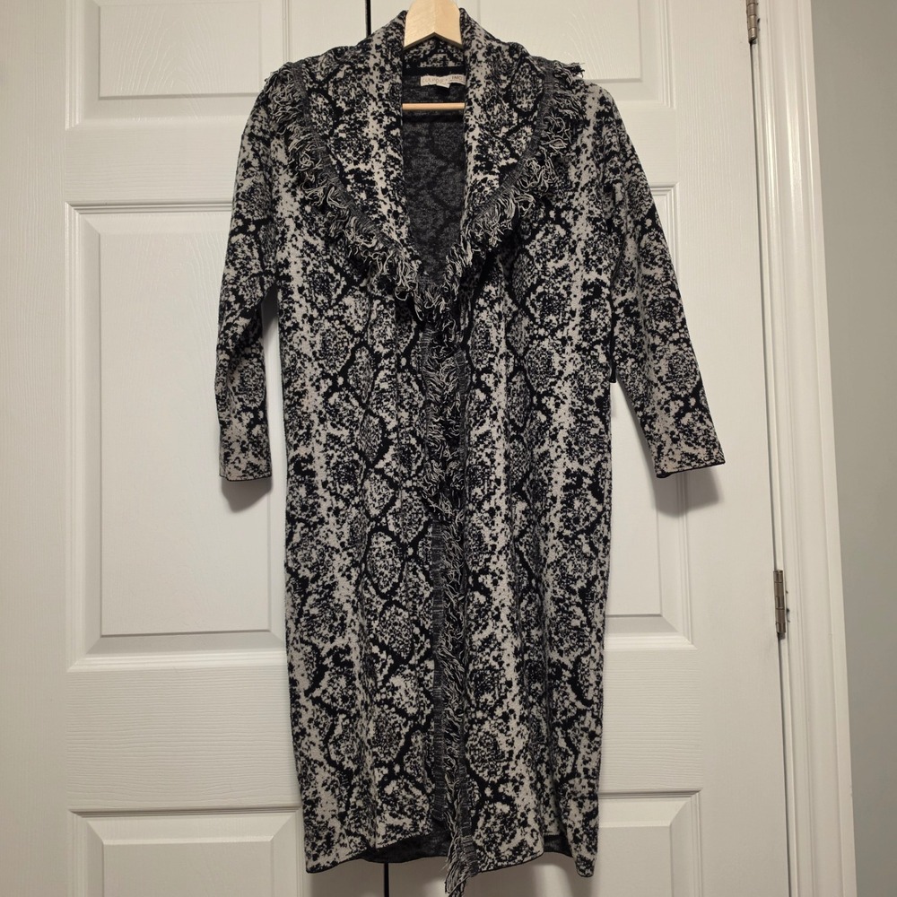 Culpos x INC Snakeskin Print Fringe Open Front Long Cardigan Black White XS